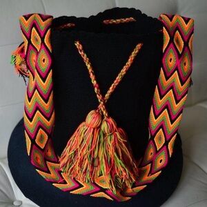 Wayuu tribe Black Bucket Bag with crossbody Strap & Tassels